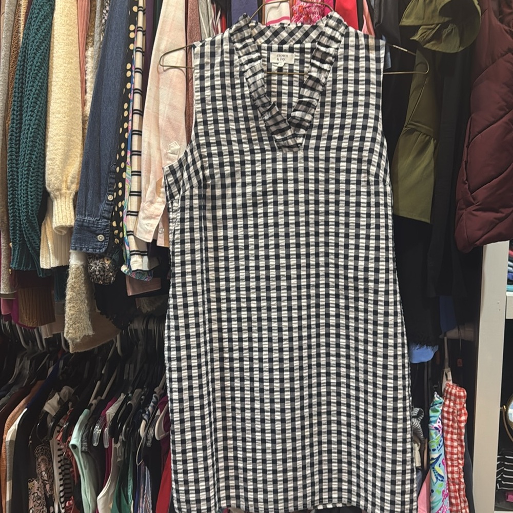 Crown & Ivy Navy Gingham Sleeveless Ruffle Collar Dress Size 2 - Picture 4 of 7